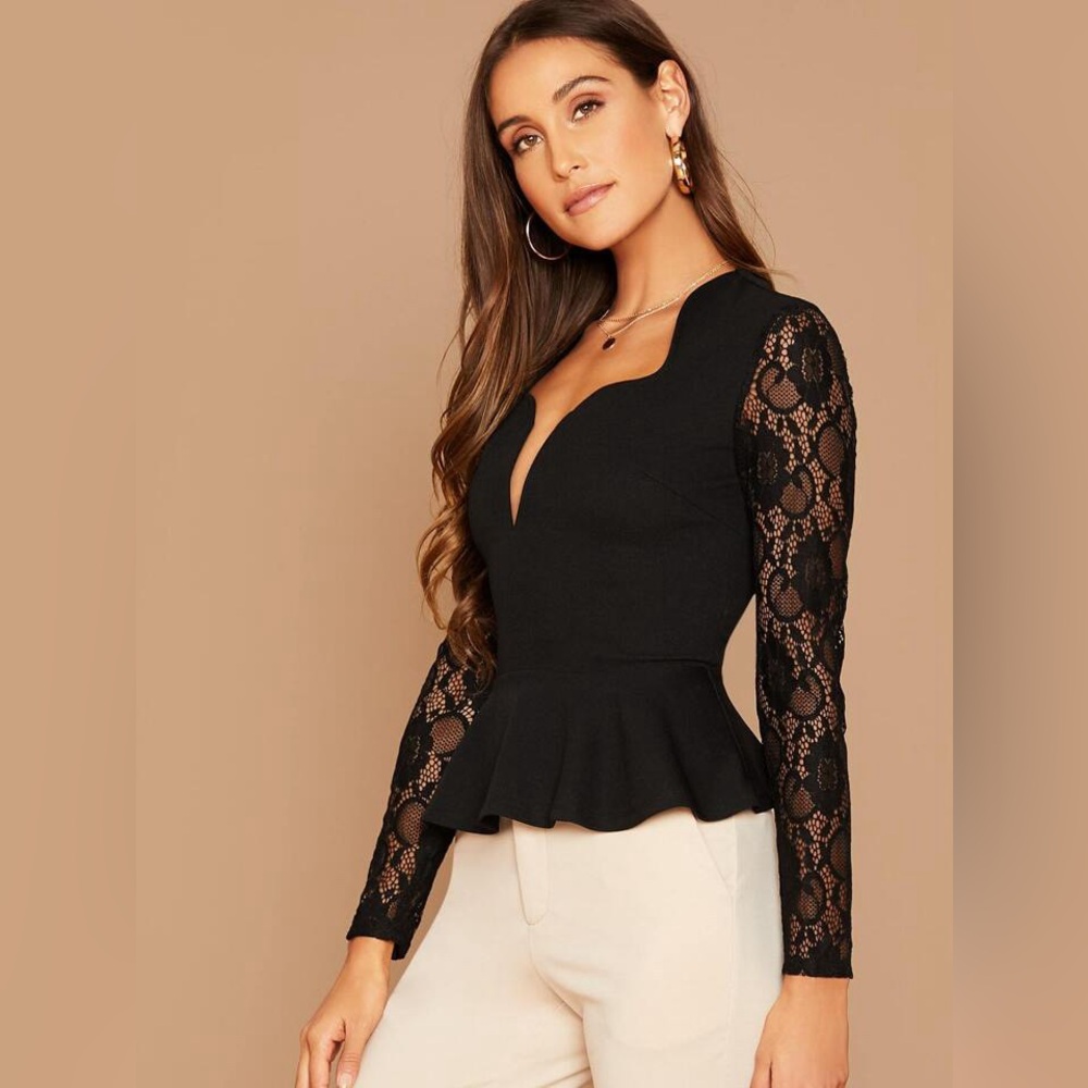 Blouse Notch Neck Sheer Lace Sleeve Peplum